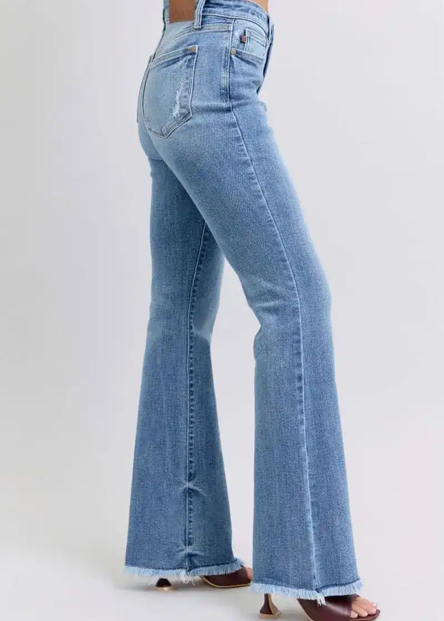 Judy Blue Raw Hem High Rise Bootcut Jeans 82486 - Sleekdenim.com