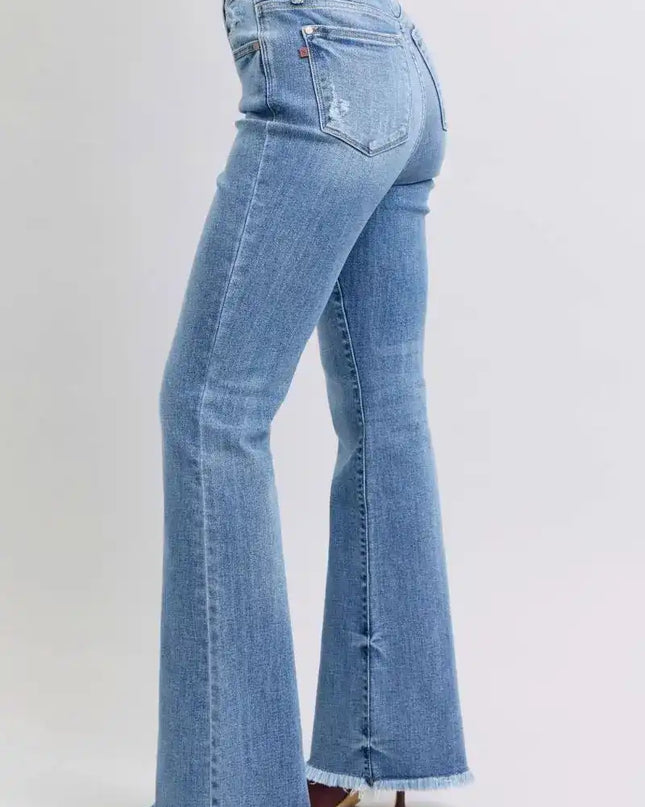 Judy Blue Raw Hem High Rise Bootcut Jeans 82486 - Sleekdenim.com