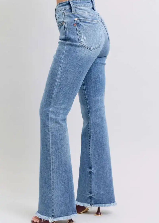 Judy Blue Raw Hem High Rise Bootcut Jeans 82486 - Sleekdenim.com