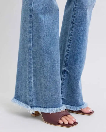 Judy Blue Raw Hem High Rise Bootcut Jeans 82486 - Sleekdenim.com