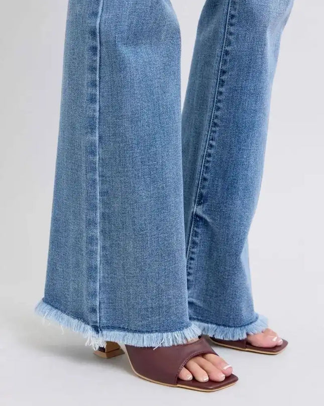 Judy Blue Raw Hem High Rise Bootcut Jeans 82486 - Sleekdenim.com