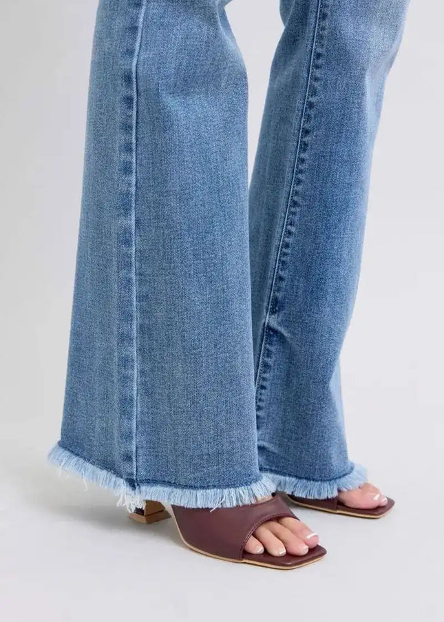 Judy Blue Raw Hem High Rise Bootcut Jeans 82486 - Sleekdenim.com