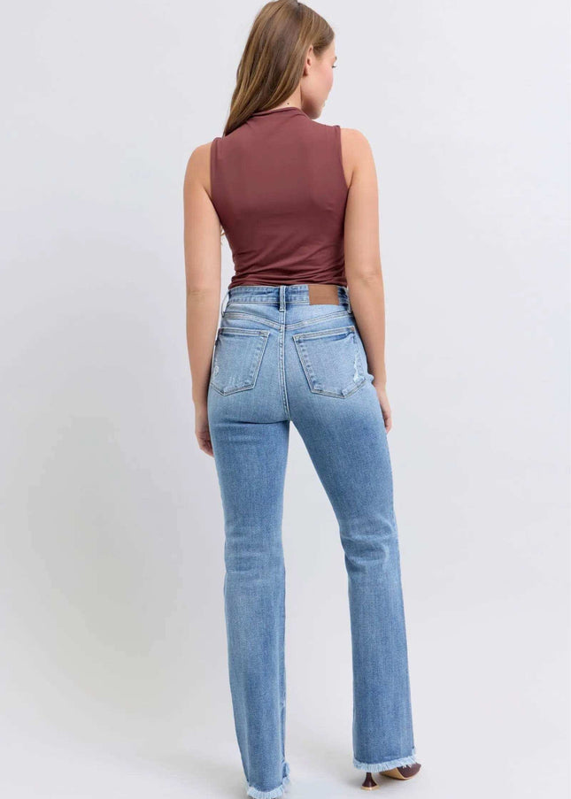 Judy Blue Raw Hem High Rise Bootcut Jeans 82486 - Sleekdenim.com