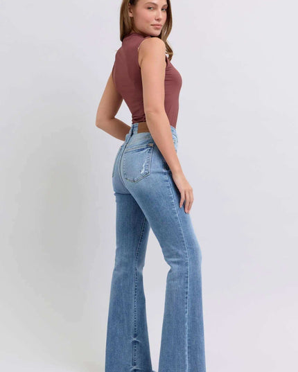 Judy Blue Raw Hem High Rise Bootcut Jeans 82486 - Sleekdenim.com