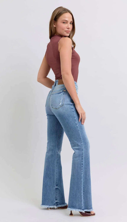 Judy Blue High Waist Fray Hem Bootcut Denim Jeans 82486 - Sleekdenim.com