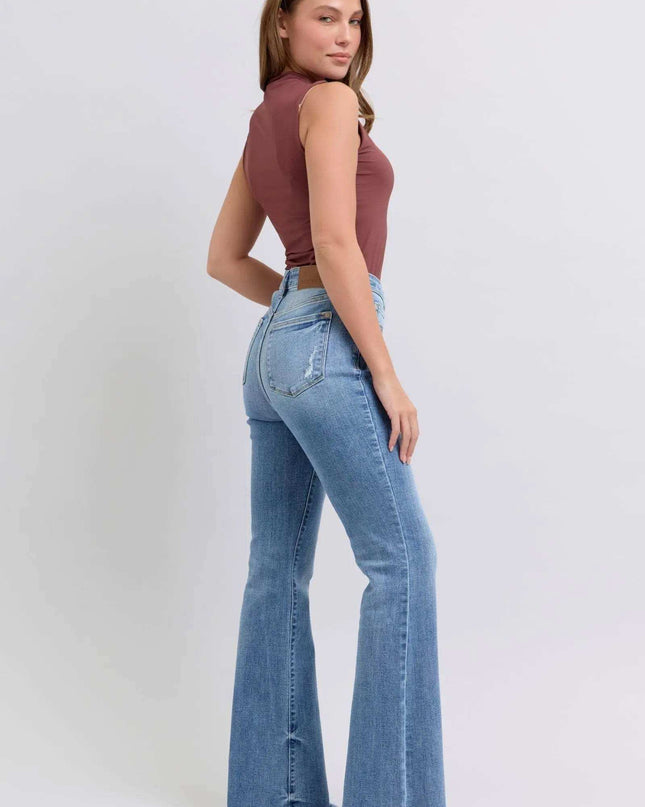 Judy Blue Raw Hem High Rise Bootcut Jeans 82486 - Sleekdenim.com