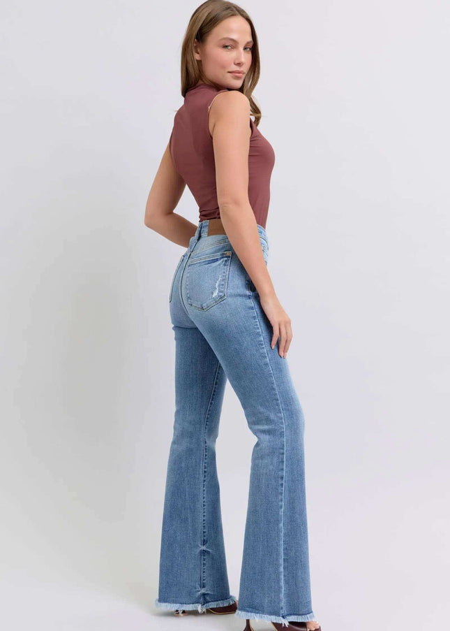 Judy Blue Raw Hem High Rise Bootcut Jeans 82486 - Sleekdenim.com