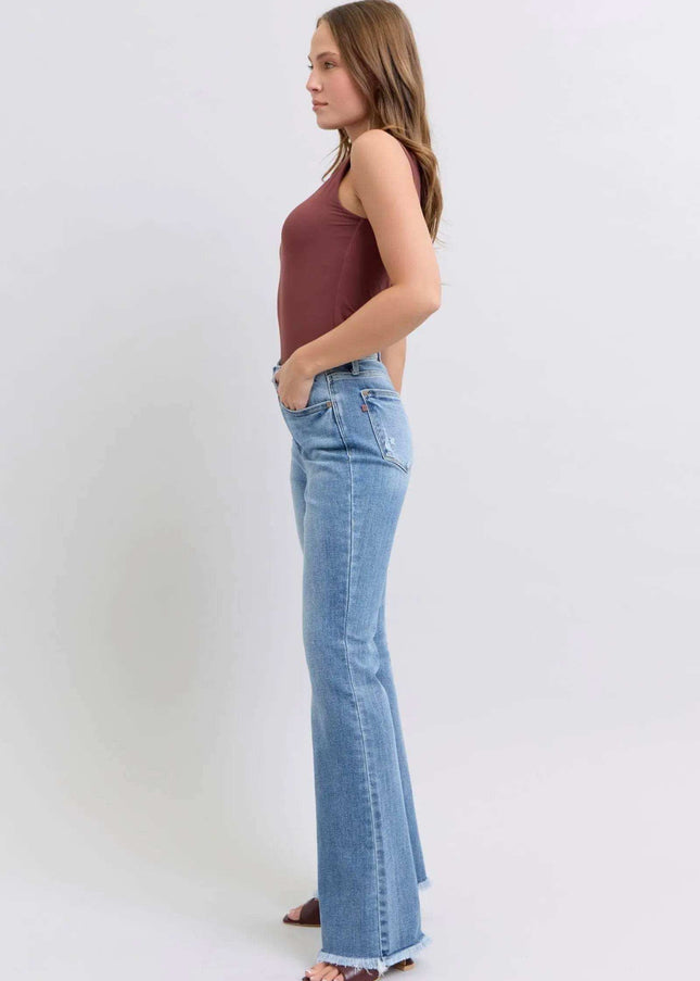 Judy Blue Raw Hem High Rise Bootcut Jeans 82486 - Sleekdenim.com