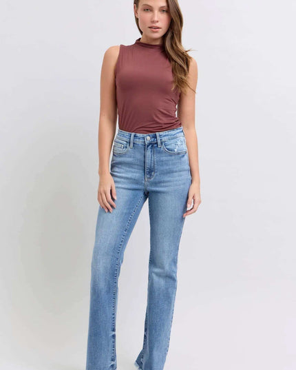 Judy Blue Raw Hem High Rise Bootcut Jeans 82486 - Sleekdenim.com