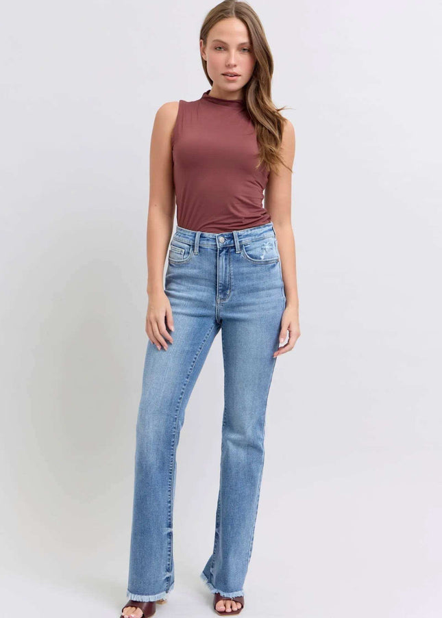 Judy Blue Raw Hem High Rise Bootcut Jeans 82486 - Sleekdenim.com