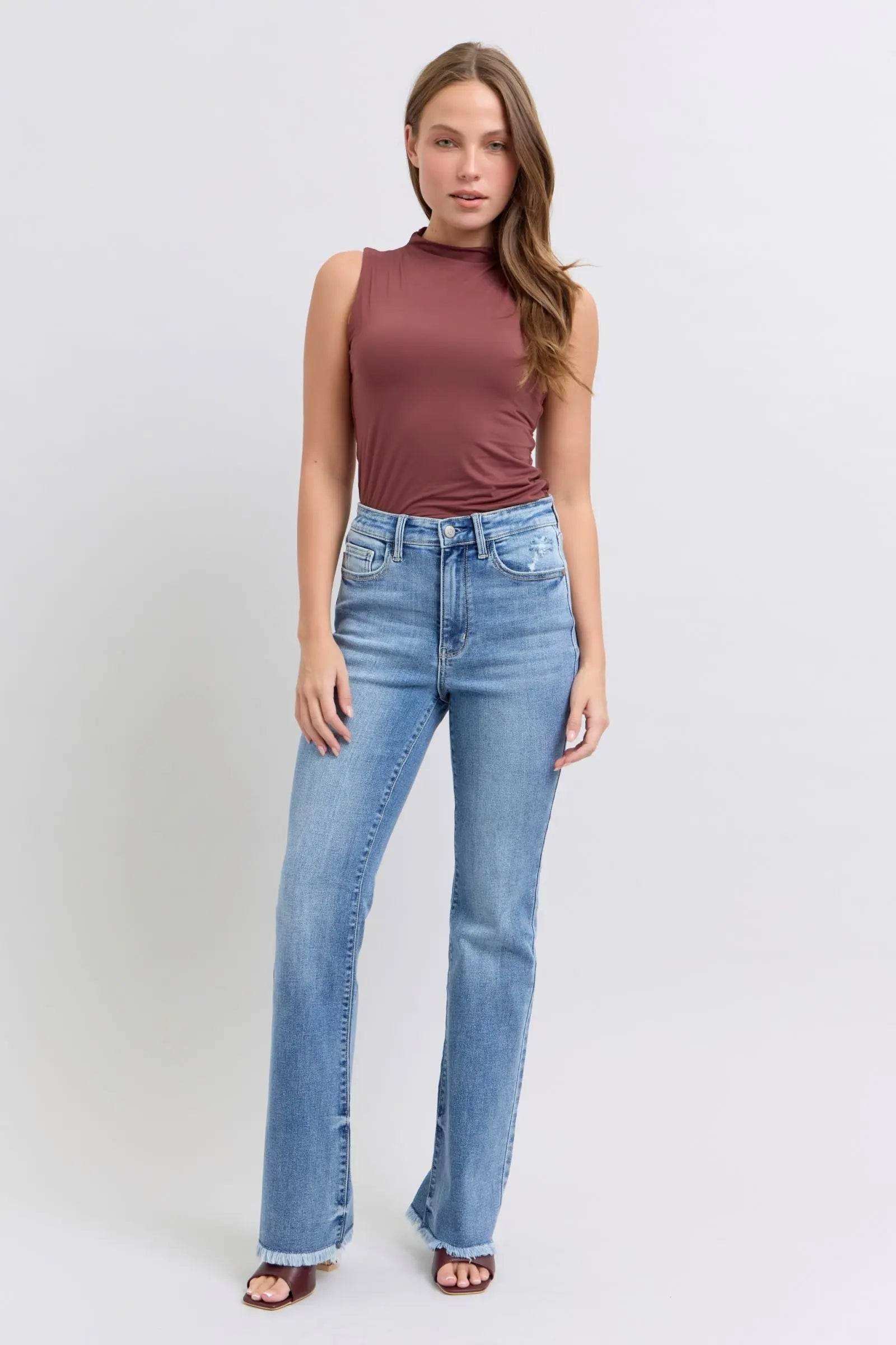 Judy Blue Raw Hem High Rise Bootcut Jeans 82486 - Sleekdenim.com