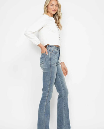 Judy Blue High Waist Tummy Control Back Pocket Embroidery Bootcut Denim Jeans 88783 - 3 Inseam Options: Short, Regular, Long - Sleekdenim.com