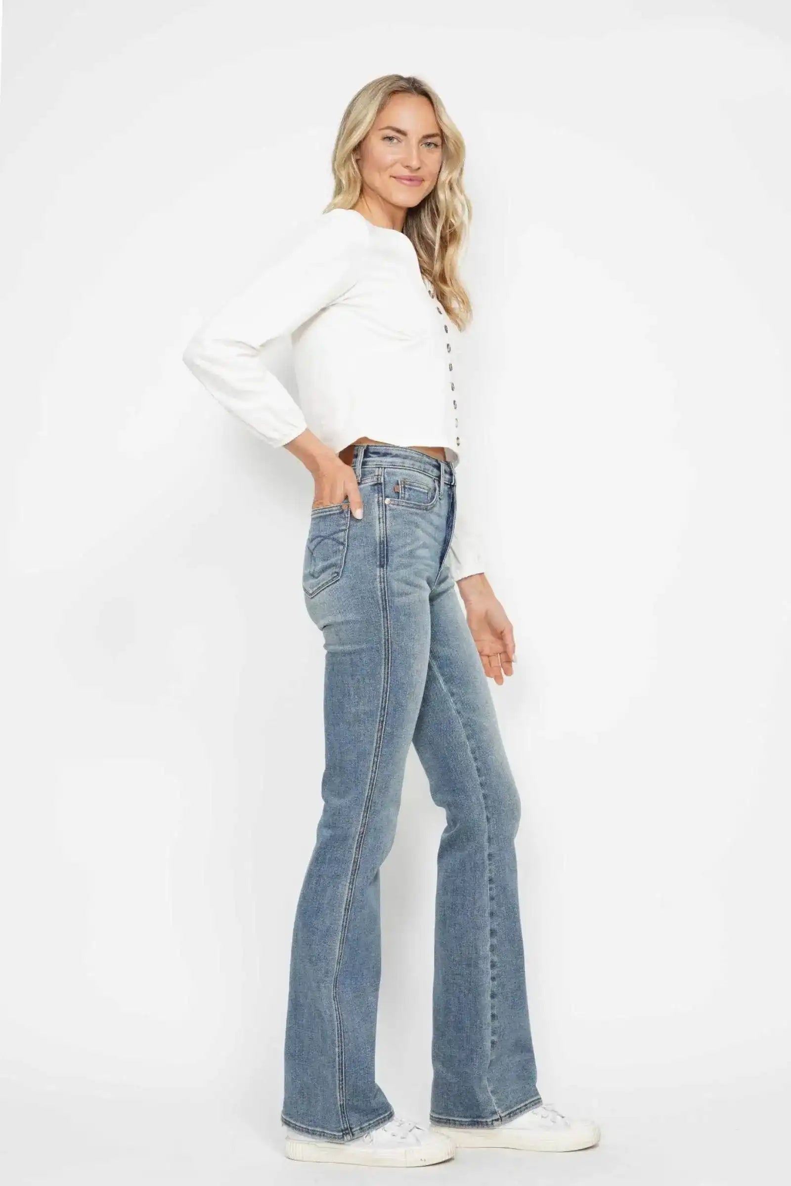 Judy Blue High Waist Tummy Control Back Pocket Embroidery Bootcut Denim Jeans 88783 - 3 Inseam Options: Short, Regular, Long - Sleekdenim.com