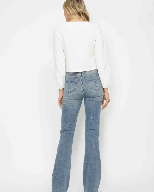 Judy Blue High Waist Tummy Control Back Pocket Embroidery Bootcut Denim Jeans 88783 - 3 Inseam Options: Short, Regular, Long - Sleekdenim.com