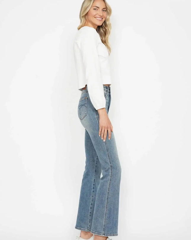 Judy Blue High Waist Tummy Control Back Pocket Embroidery Bootcut Denim Jeans 88783 - 3 Inseam Options: Short, Regular, Long - Sleekdenim.com