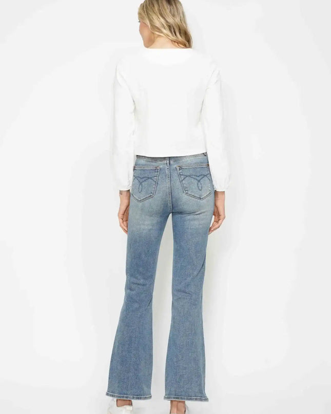 Judy Blue High Waist Tummy Control Back Pocket Embroidery Bootcut Denim Jeans 88783 - 3 Inseam Options: Short, Regular, Long - Sleekdenim.com