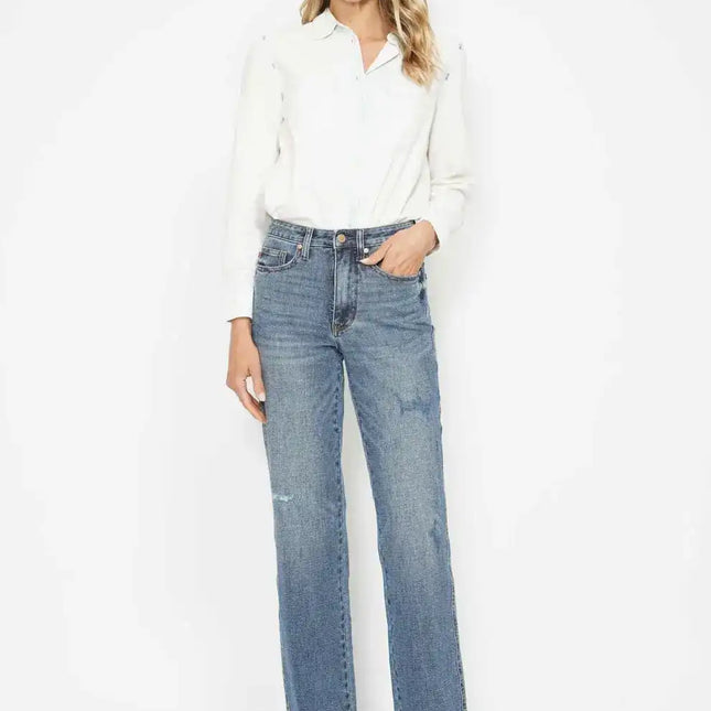 Judy Blue High Waist Tummy Control Raw Hem Straight Denim Jeans 88848 - Sleekdenim.com