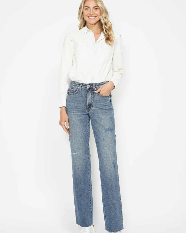 Judy Blue High Waist Raw Hem Straight Jeans for Women 88848