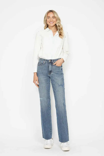 Judy Blue High Waist Tummy Control Raw Hem Straight Denim Jeans 88848 - Sleekdenim.com