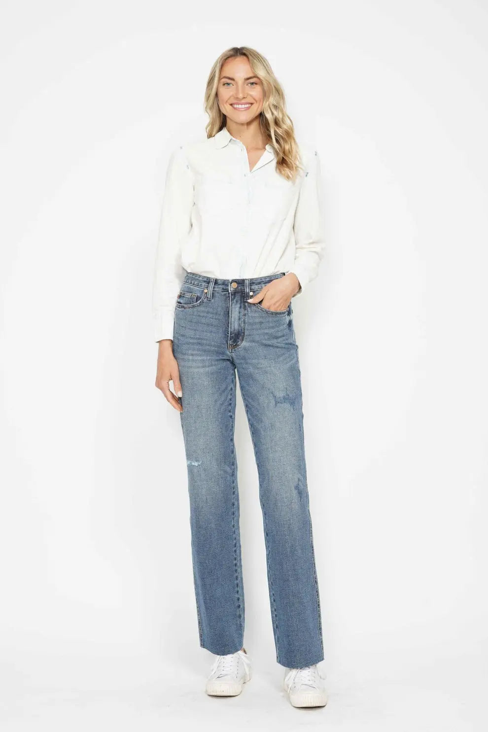 Judy Blue High Waist Raw Hem Straight Jeans for Women 88848