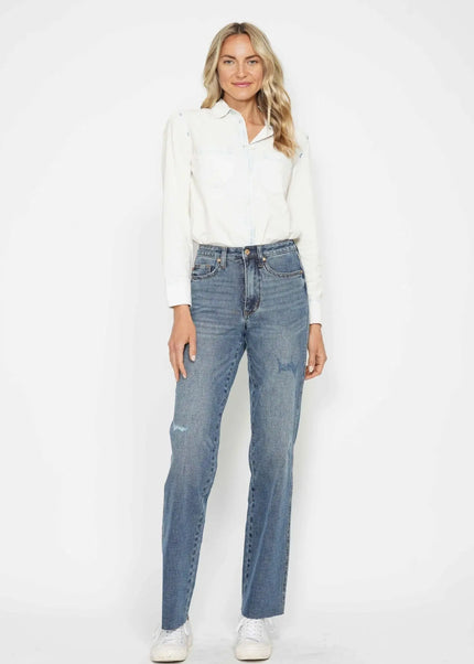 Judy Blue High Waist Raw Hem Straight Jeans for Women 88848
