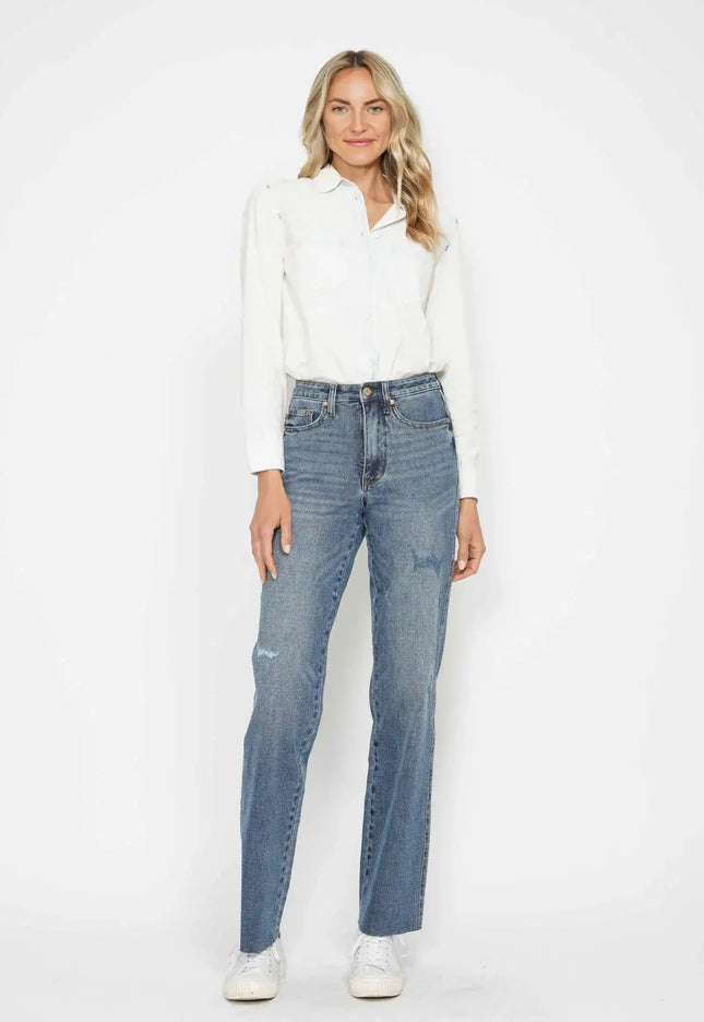 Judy Blue High Waist Tummy Control Raw Hem Straight Denim Jeans 88848 - Sleekdenim.com