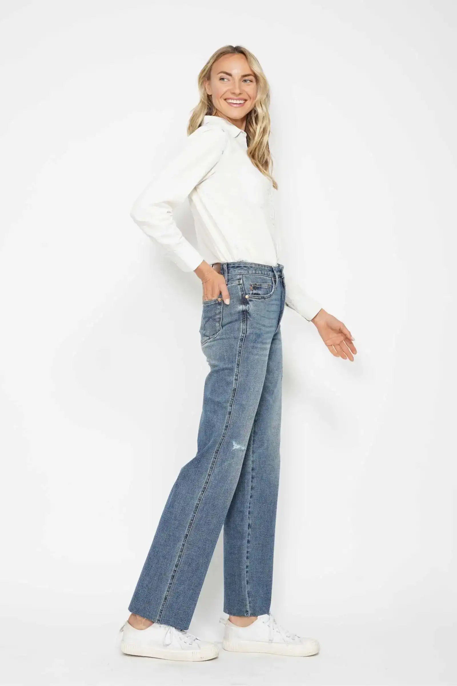 Judy Blue High Waist Tummy Control Raw Hem Straight Denim Jeans 88848 - Sleekdenim.com