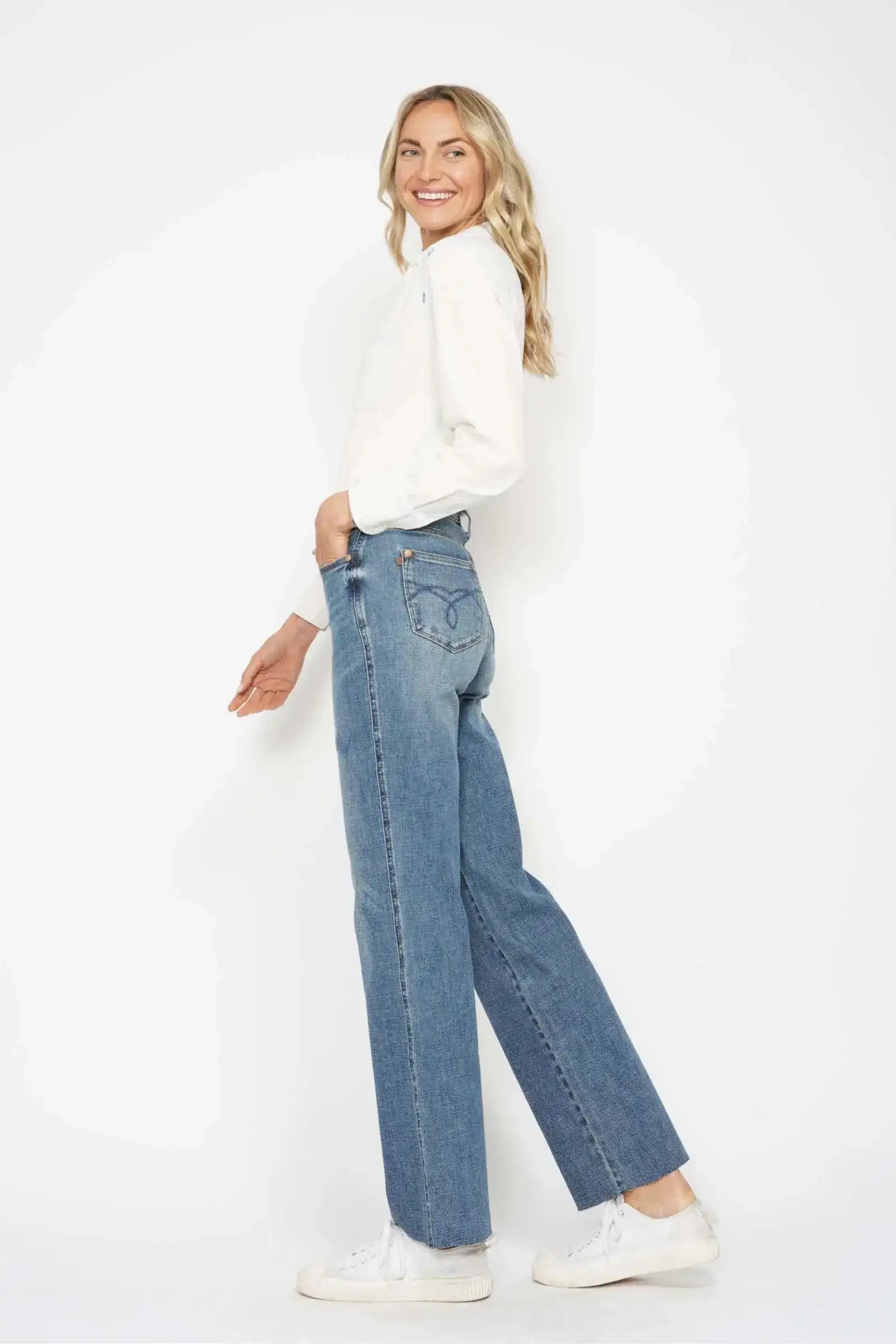 Judy Blue High Waist Tummy Control Raw Hem Straight Denim Jeans 88848 - Sleekdenim.com