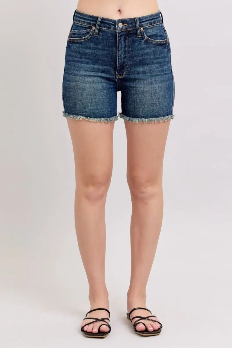 Judy Blue Tummy Control Fray Hem & Shield Back Pockets Denim Shorts - Sleekdenim.com