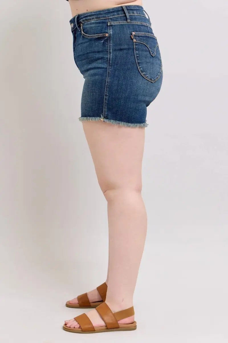 Judy Blue Tummy Control Fray Hem & Shield Back Pockets Denim Shorts - Sleekdenim.com