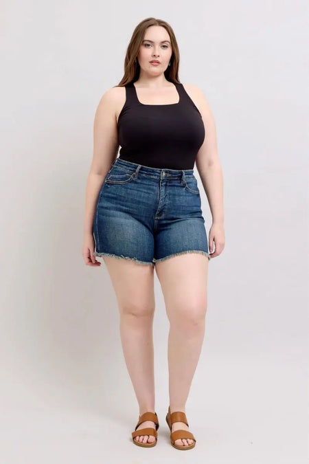 Judy Blue Tummy Control Fray Hem & Shield Back Pockets Denim Shorts - Sleekdenim.com