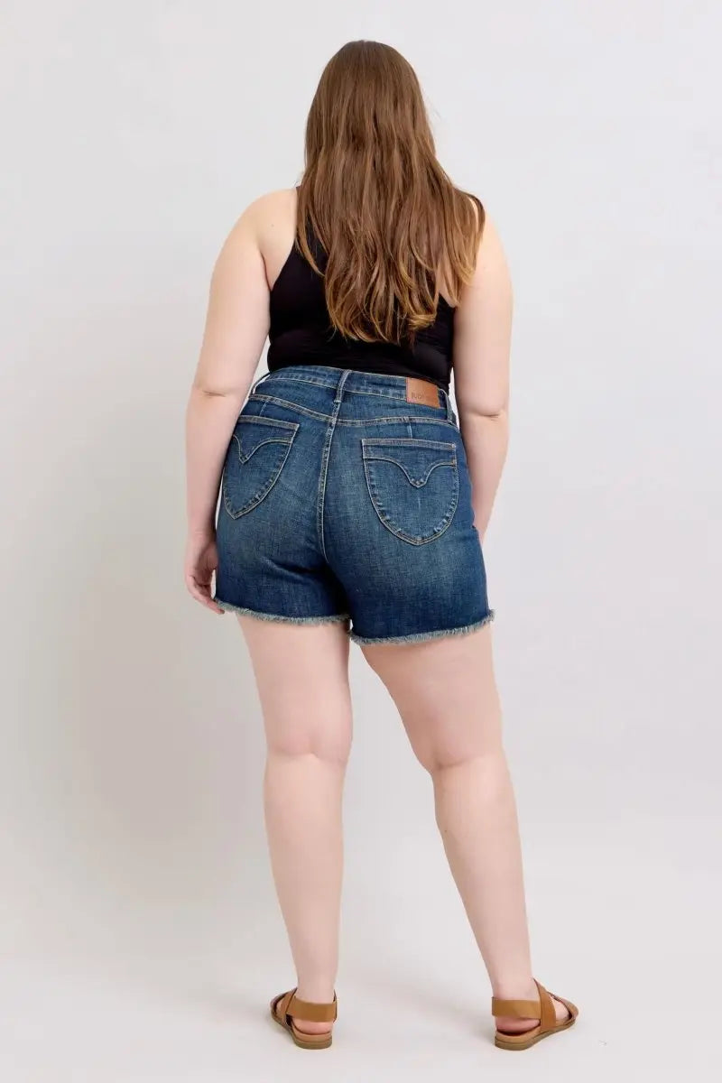 Judy Blue Tummy Control Fray Hem & Shield Back Pockets Denim Shorts - Sleekdenim.com