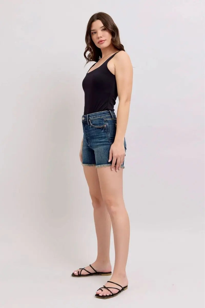 Judy Blue Tummy Control Fray Hem & Shield Back Pockets Denim Shorts - Sleekdenim.com