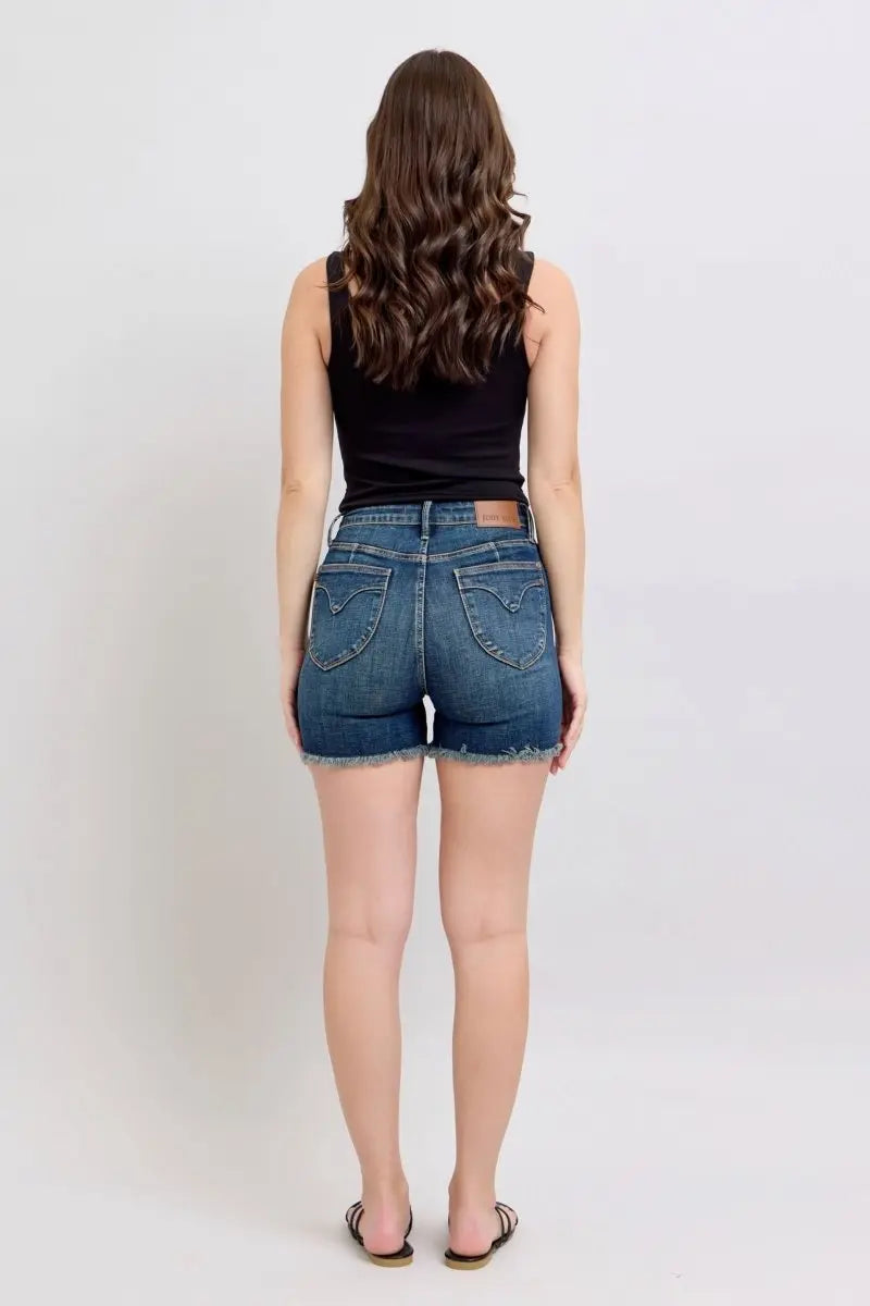 Judy Blue Tummy Control Fray Hem & Shield Back Pockets Denim Shorts - Sleekdenim.com