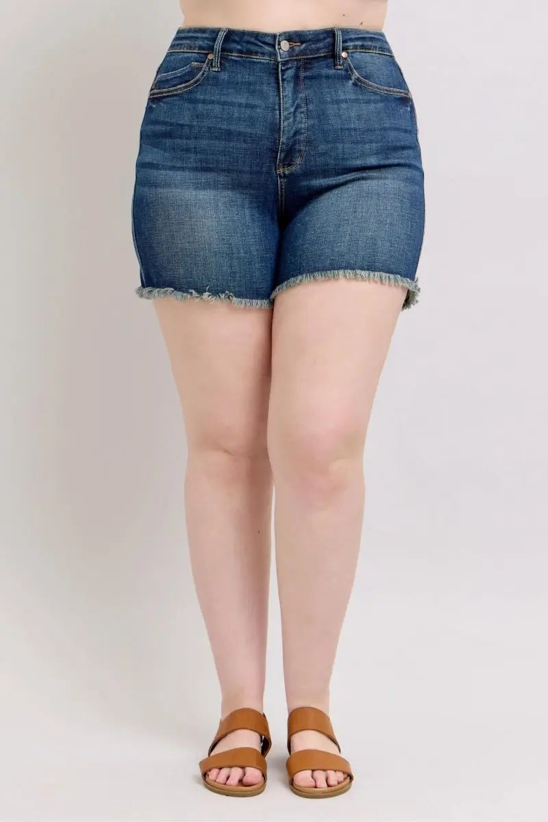 Judy Blue Tummy Control Fray Hem & Shield Back Pockets Denim Shorts - Sleekdenim.com