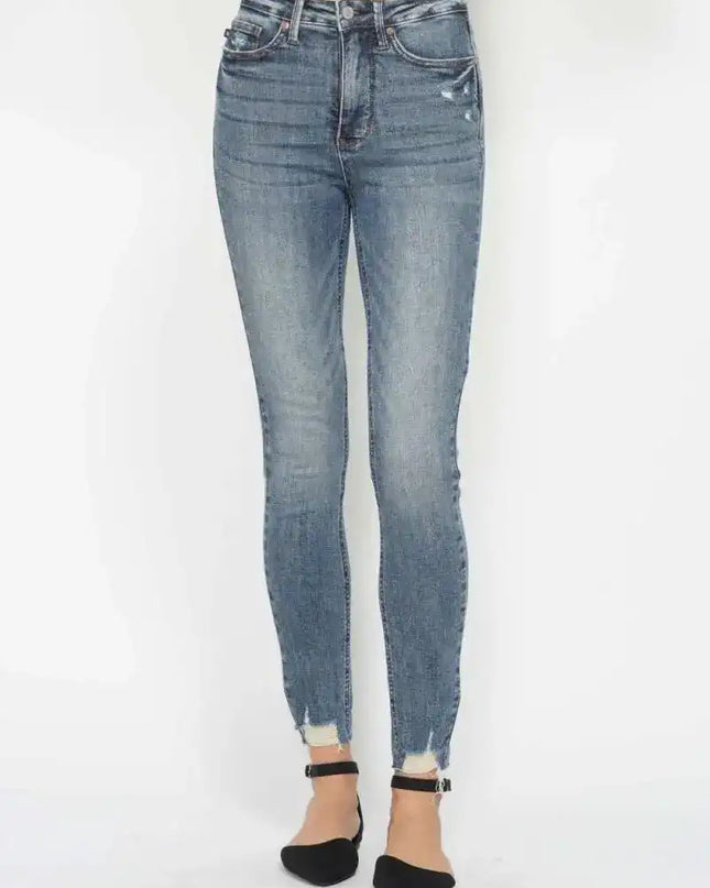 Judy Blue Tummy Control Vintage Wash Hem Destroy Skinny Jeans 88769 - Sleekdenim.com