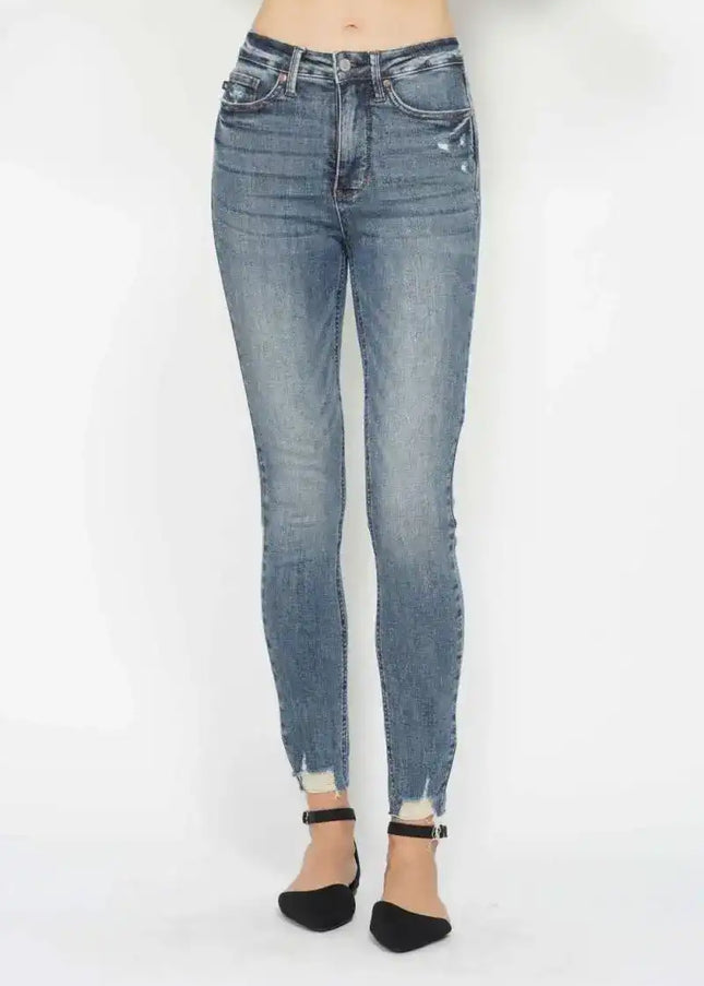 Judy Blue Tummy Control Vintage Wash Hem Destroy Skinny Jeans 88769 - Sleekdenim.com