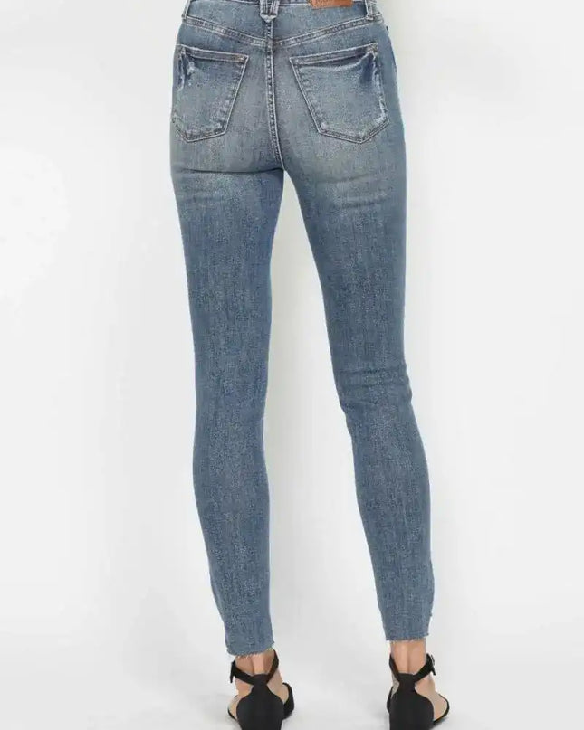 Judy Blue Tummy Control Vintage Wash Hem Destroy Skinny Jeans 88769 - Sleekdenim.com