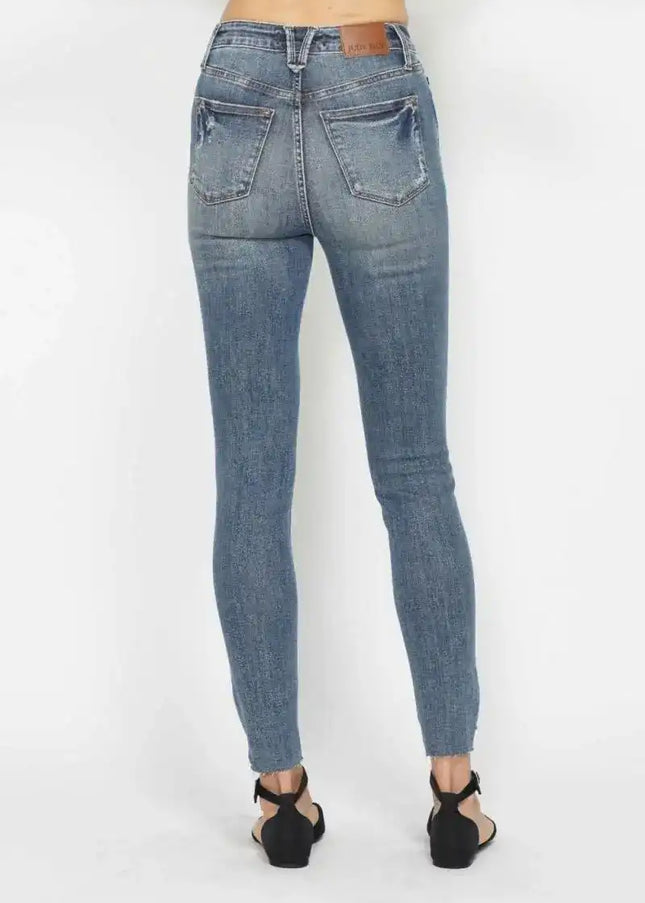 Judy Blue Tummy Control Vintage Wash Hem Destroy Skinny Jeans 88769 - Sleekdenim.com