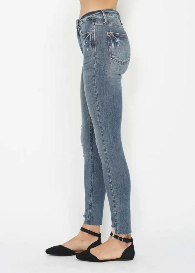 Judy Blue Tummy Control Vintage Wash Hem Destroy Skinny Jeans 88769 - Sleekdenim.com