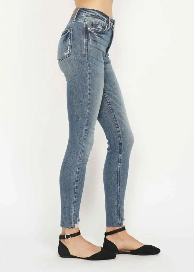Judy Blue Tummy Control Vintage Wash Hem Destroy Skinny Jeans 88769 - Sleekdenim.com