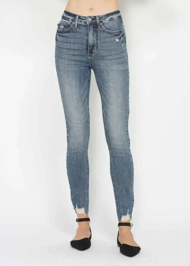 Judy Blue Tummy Control Vintage Wash Hem Destroy Skinny Jeans 88769 - Sleekdenim.com