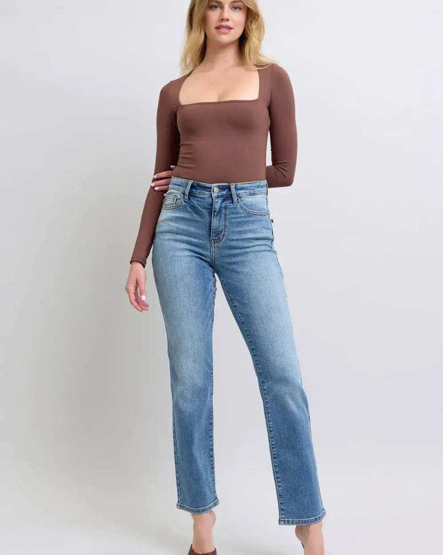 Judy Blue High Rise Vintage Wash Thermal Straight Denim Jeans 82632 - Sleekdenim.com