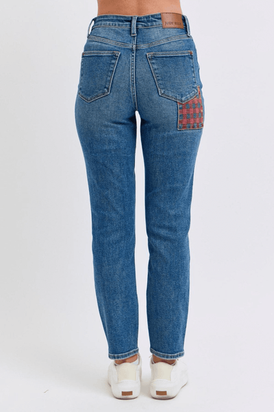 Judy Blue High Waist Plaid Patch Slim Rise Sleek Denim Boutique