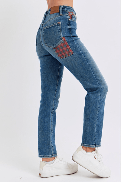 Judy Blue High Waist Plaid Patch Slim Rise Sleek Denim Boutique