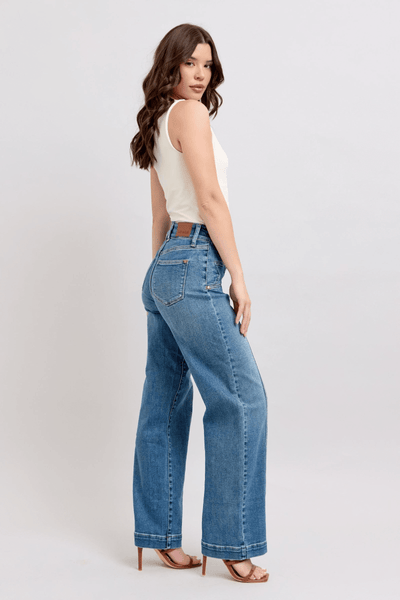 Judy Blue High Waist Double Button Wide Leg Front Star Seam Detail Wide Leg | Sleek Denim Boutique (Pre-order 12/27/24).