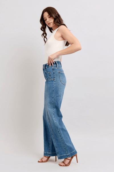 Judy Blue High Waist Double Button Wide Leg Front Star Seam Detail Wide Leg | Sleek Denim Boutique (Pre-order 12/27/24).