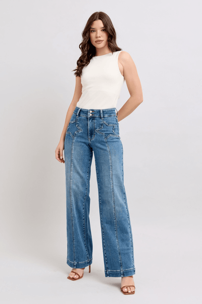 Judy Blue High Waist Double Button Wide Leg Front Star Seam Detail Wide Leg | Sleek Denim Boutique (Pre-order 12/27/24).