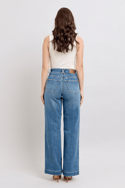 Judy Blue High Waist Double Button Wide Leg Front Star Seam Detail Wide Leg | Sleek Denim Boutique (Pre-order 12/27/24).