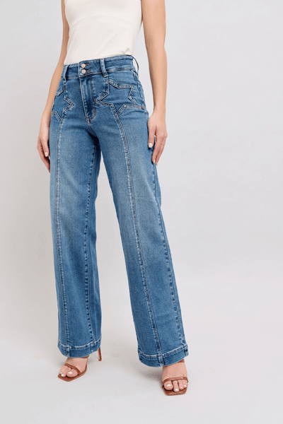 Judy Blue High Waist Double Button Wide Leg Front Star Seam Detail Wide Leg | Sleek Denim Boutique (Pre-order 12/27/24).